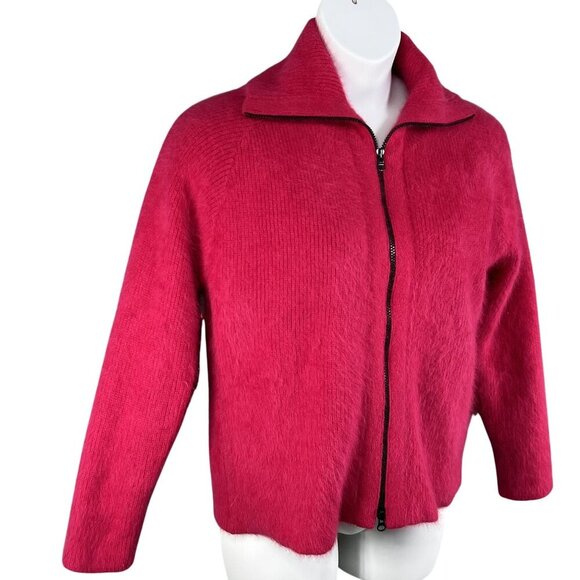 Vintage VENESHA Womens L 80% Angora Fuzzy Fuchsia Zip Sweater Jacket Old Money - Picture 6 of 16